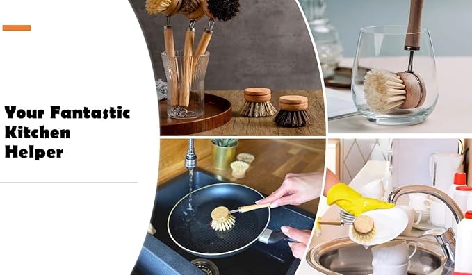 Bamboo Dish Brush with Handle, 1 Sturdy Wooden Handle with 3 Natural Bristle Heads, Horsehair, Sisal, Palm - All Purpose Kitchen Scrubber, Bamboo Wok Brush, Fruit and Veggie Scrubber