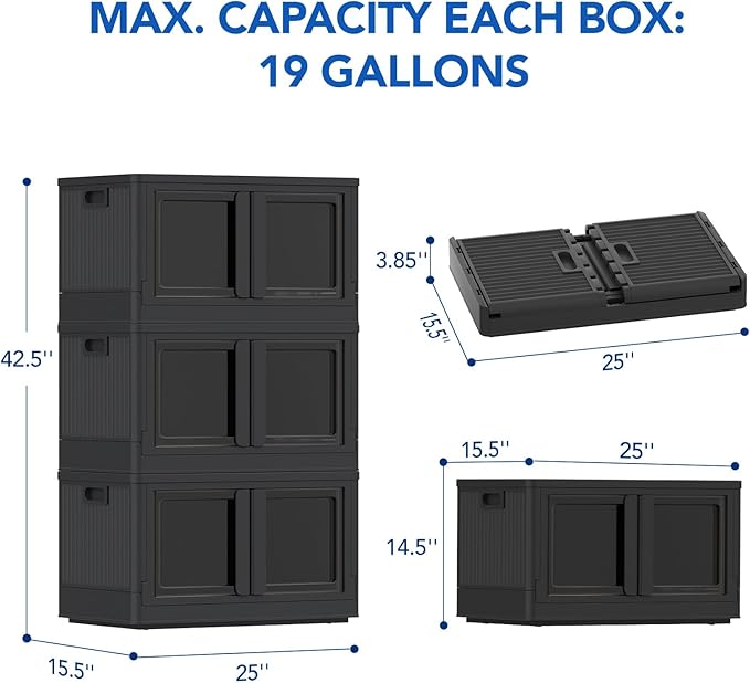 FLEXIMOUNTS 228 QT Stackable Storage Bins With Lids, Collapsible Plastic Storage Bins With Doors and Built-in Wheels For Home Dorm Closet Organizers and Storage, 3 Pack Cubes, Black