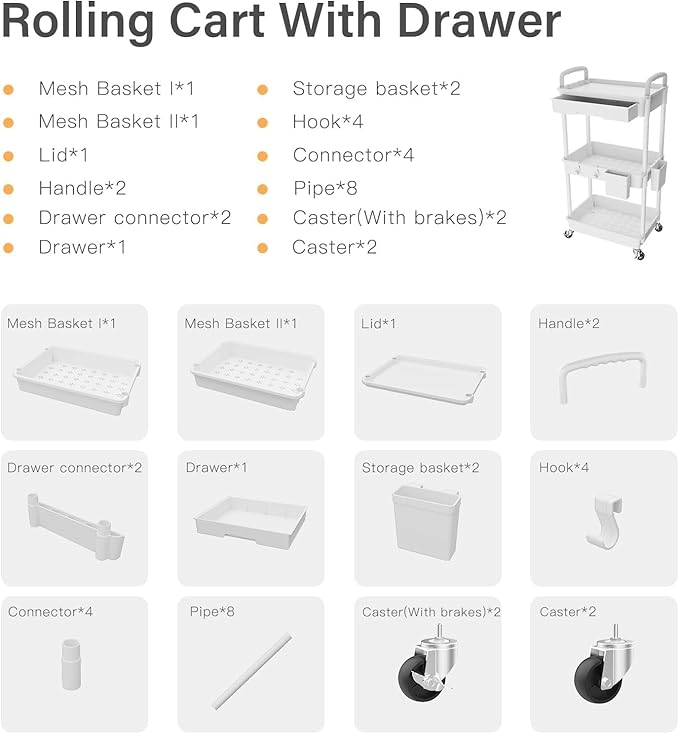 3 Tier Rolling Cart Organizer,Laundry Room Bathroom Organizers and Storage Office Shelves Mobile Shelving Unit Kitchen Trolley Cart with Wheels for Art,Craft,Diaper,Bedside,Snack(White)