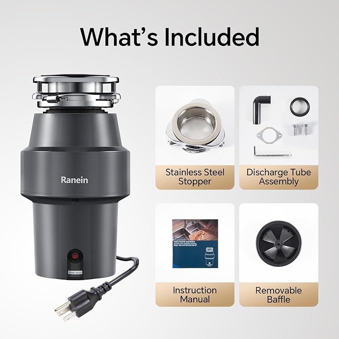 Upgraded 1/2 HP Garbage Disposal with Power Cord, Quiet & Powerful Stainless Steel Grinding System, Continuous Feed Kitchen Sink Waste Disposer β DeepCut Series