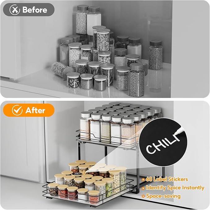 Spice Rack Organizer for Cabinet, 2 Tier Pull Out Spice Rack – Heavy Duty Metal Spice Organization for Cabinet, 50-Jar Capacity, Height Adjustable Cabinet Organizer (11.5W" X 10.5"D X 9"H, Black)
