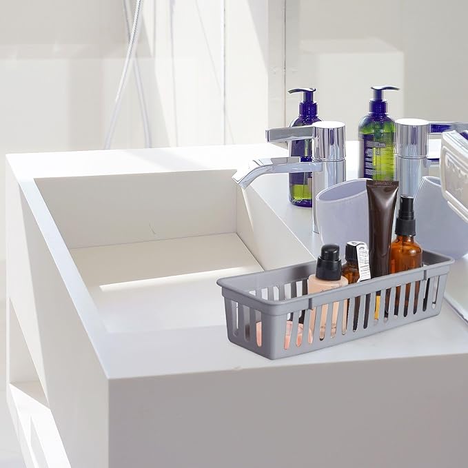 Domensi 12 Pack Slim Plastic Storage Baskets Tray for Organizing 10.25 x 3.25 x 2.5 Inch Small Narrow Storage Bins Stackable Drawer Pencil Trays Holder for Desk Garage Cabinet Containers(Gray)