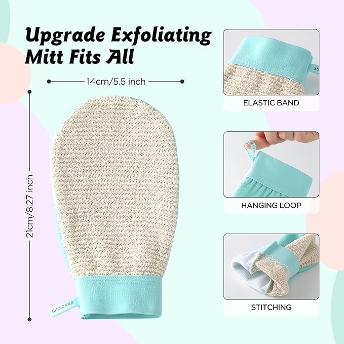 LOTTA Dual-Sided Exfoliating Gloves - Natural Viscose & Sisal for Deep Body Scrub & Massage - Gentle for Sensitive Skin - Replaces Loofah (Green-Soft)