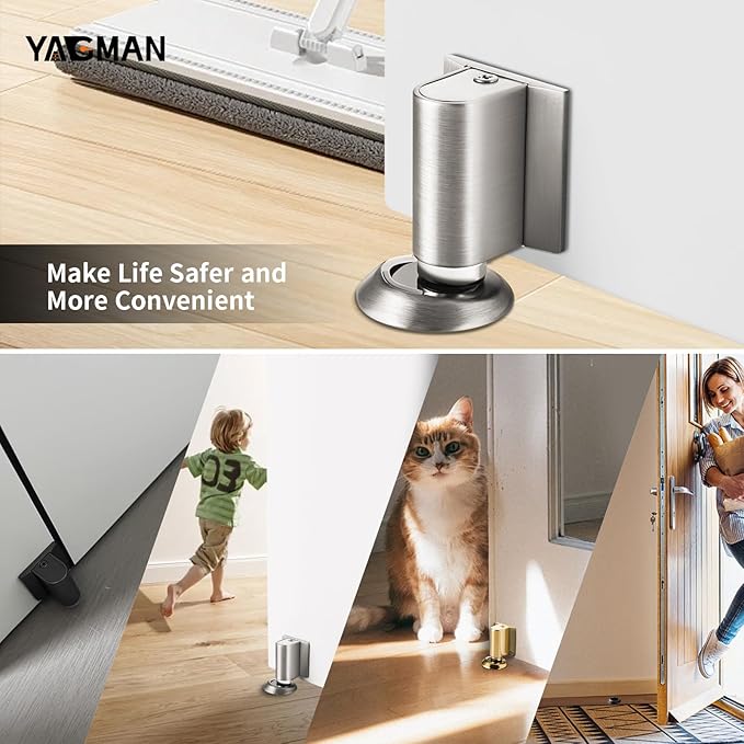 1 Pack Magnetic Door Stoppers Retractable Bottom of Door Holder No Drilling Mount Floor Door Stop with Screws and Adhesive Catch Door Keep Door Open Brushed Nickel BN-1