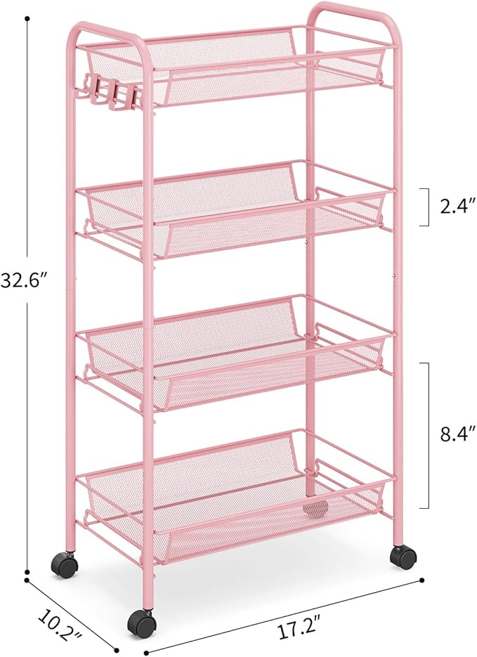 TOOLF 4 Tier Rolling Utility Cart - Durable Metal Design Pink Utility Cart, Storage Trolley on Wheels with 3 Hooks, Perfect for Kitchen, Bathroom & Laundry Room Organization