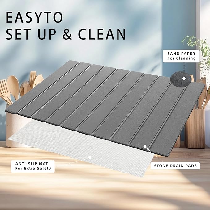 Stone Drying Mat for Kitchen Counter, Collapsible Dish Drying Mat, Fast Drying Diatomaceous Earth Dish Drying Mats, Water Absorbent Diatomite Kitchen Mat (dark grey, medium)