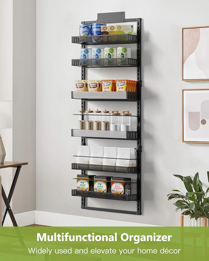 6-Tier Over the Door Pantry Organizer, 2 in 1 Large Door Spice Rack with Adjustable Metal Baskets, Heavy Duty Hanging or Wall Mounted Storage Organizer for Kitchen Pantry and Room Wall