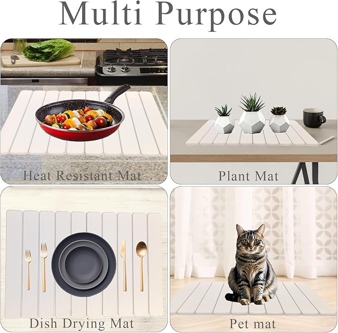 Large Stone Dish Drying Mat for Kitchen Counter, 23.6"(L)×15.4"(W), Foldable Diatomaceous Earth Dish Drying Mat, Collapsible Quick Dry Pad for Dishes Bottles Cups Bathroom Any Countertop