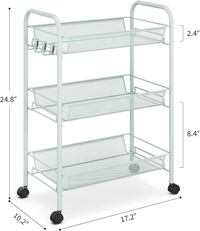 TOOLF 3-Tier Metal Rolling Cart, Mesh Wire Easy Assemble Utility Cart, Storage Trolley on Wheels with 3 Hooks, MetalStorage Shelving Units for Kitchen Bathroom Laundry Room