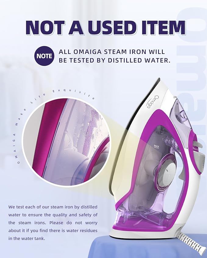 Steam Iron for Clothes, 1750W Iron with Rapid Heating, Non-Stick Ceramic Soleplate, Powerful Steam, Self-Cleaning, Auto-Off, Anti-Drip, 15.21oz Water Tank Ironing Clothes for Home, Purple
