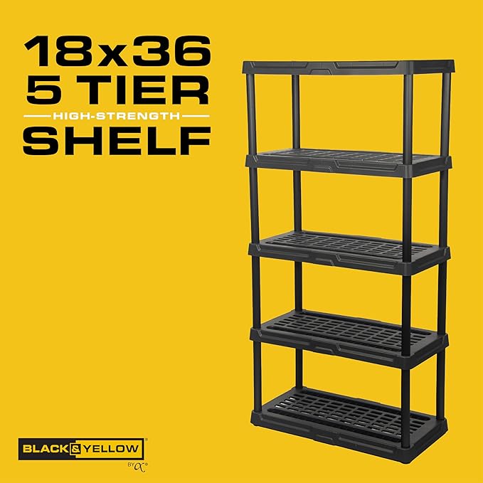 CX 5-Tier (72”H x 36”W x 18”D) Plastic Storage Shelving Unit (Black), Heavy Duty, 150lbs Per Shelf Capacity, Indoor/Outdoor Storage and Organization in Home, Garage, Office with Easy Assembly