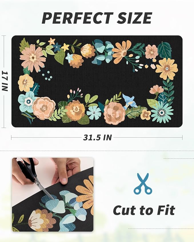 AMOAMI Coffee Mat Hide Stain Rubber Backed Absorbent Dish Drying Mat for Kitchen Counter - Fits Under Coffee Maker or Machine - Floral BLACK 17x31.5
