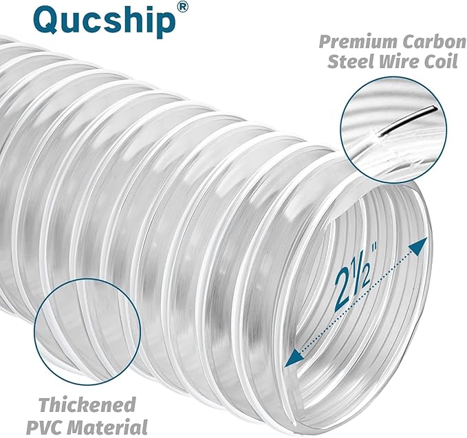 Qucship Heavy PVC Dust Hose, 2-1/2" x 10', Flexible PVC Fume Hose with Carbon Steel Wire Coil for Collection Systems
