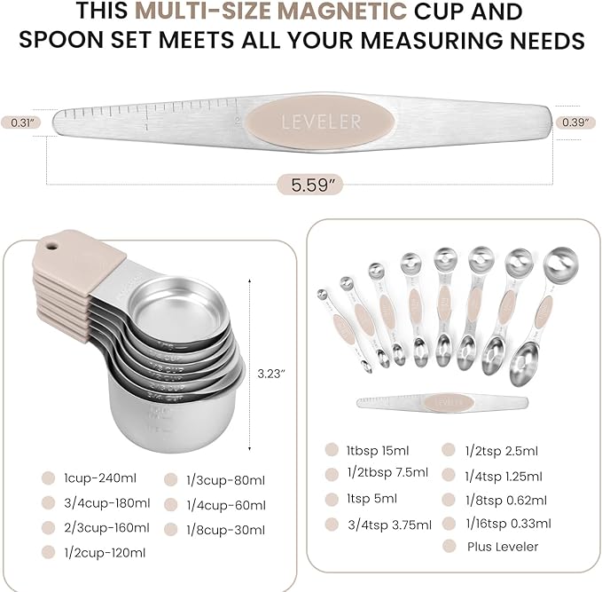 Magnetic Measuring Cups and Spoons Set-Heavy Duty 304 Stainless Steel,Double Measurement Markings,Set of 16 with Leveler for Measure Dry and Liquid Ingredients (khaki)