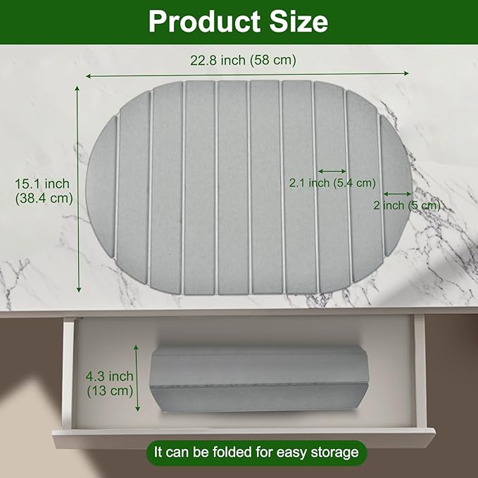 Stone Drying Mat for Kitchen Counter: 24"(L)×16"(W) Collapsible Stone Dish Drying Mat, Super Absorbent Diatomaceous Earth Pad for Dishes Bottles Cup Kitchen Bathroom Families Renters