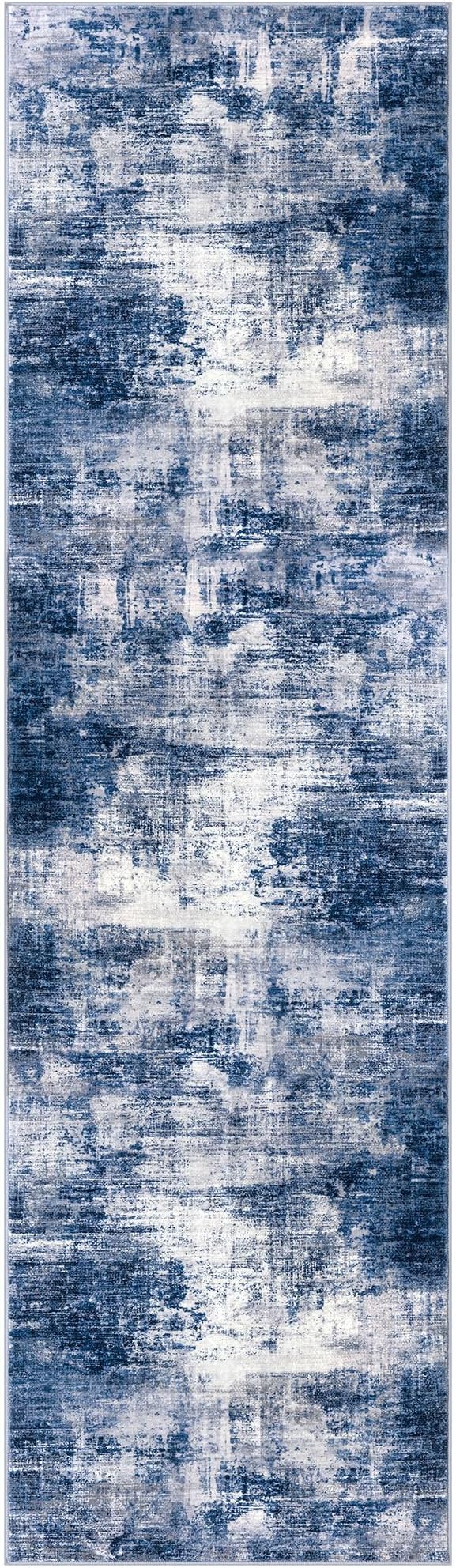 IOHOUZE Abstract Runner Rug 3x10 Ft Washable Runners for Hallways, Non Slip Kitchen Runner Printed Faux Wool Entryway Runner Indoor, Modern Abstract Floor Carpet for Hall Bedroom, Navy/Grey