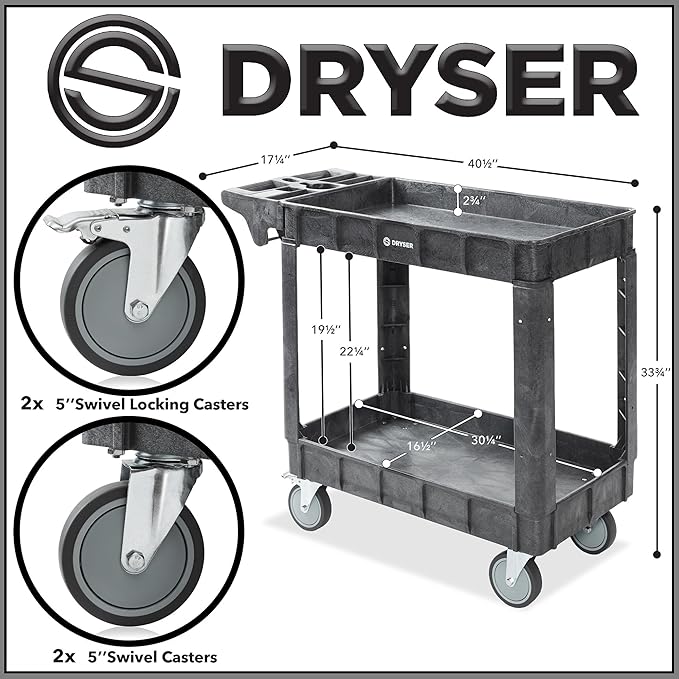 Dryser Utility Cart with Wheels, 40" x 17" Heavy Duty 550 lb. Capacity with Shelves - 2 Tier Rolling Cart with Four 5" Swivel Casters for Warehouse, Garage, Cleaning