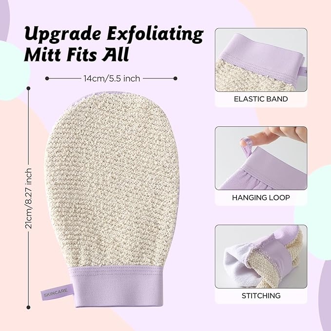 LOTTA Dual-Sided Exfoliating Gloves - Natural Viscose & Sisal for Deep Body Scrub & Massage - Gentle for Sensitive Skin - Replaces Loofah (Purple-Medium)