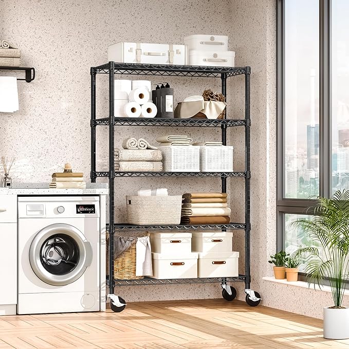 5-Shelf Storage Shelves,Wire Shelving Heavy Duty Metal Storage Shelving Unit Adjustable Garage Shelving Rack Pantry Kitchen (Black, 5 Tier,17.7" D x 47.2" W x 76.7" H)