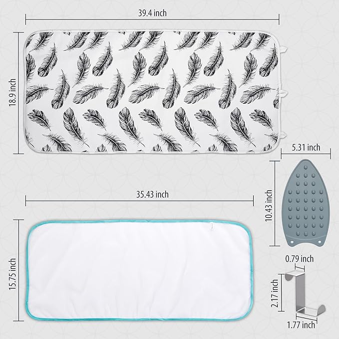 Seiritex Ironing Mat, Portable Ironing Pad 39.4 x 18.9 inch Table Top Iron Board 5 in 1 Travel Iron Blanket for Washer, Dryer, Counter top, Black Feather
