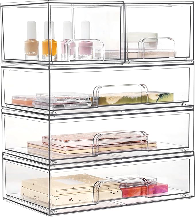 Vtopmart Clear Stackable Storage Drawers Set of 5, Plastic Organizer Bins for Makeup, Cosmetics, Beauty Supplies,Ideal for Vanity, Bathroom,Cabinet,Pantry Organization