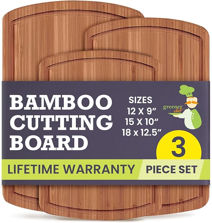 Bamboo Wooden Cutting Board Set of 3 - Used to Chop Veggies, Carve Meat, Present Charcuterie at Mealtime Prep and Family Gatherings - Ideal for Professional and Busy Home Chefs - Dark