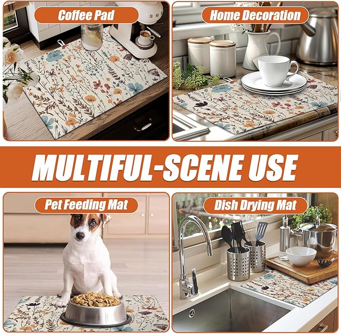 Vintage Floral Dish Drying Mat for Kitchen Counter Microfiber Absorbent Dish Kitchen Drying Mat Draining Reusable Washable for Dishes/Utensils/Counterto