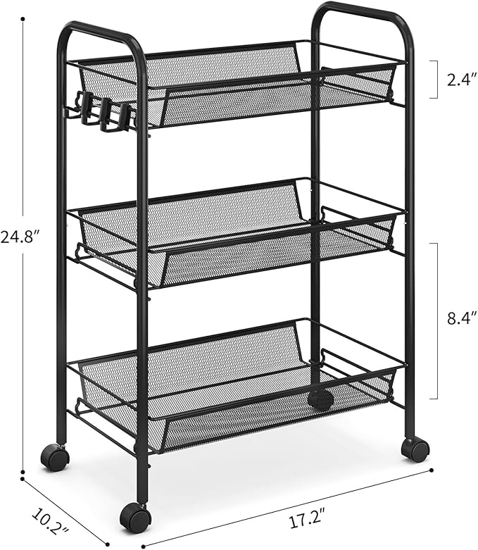 TOOLF 3-Tier Metal Rolling Cart, Mesh Wire Easy Assemble Utility Cart, Storage Trolley on Wheels with 3 Hooks, MetalStorage Shelving Units for Kitchen Bathroom Laundry Room