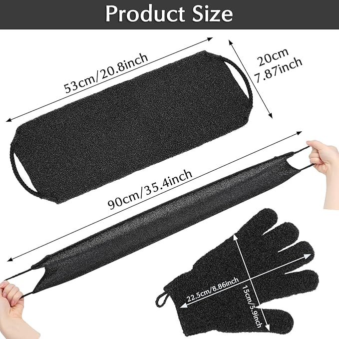 Anezus Exfoliating Back Scrubber Bath Gloves Set, Exfoliating Shower Towel with Shower Gloves for Body Scrub, Back Cleaner Wash Gloves to Remove Dead Skin (Black)