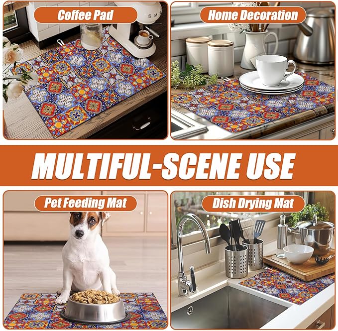 Talavera Mexican Tiles Dish Drying Mat for Kitchen Counter Microfiber Absorbent Dish Kitchen Drying Mat Draining Reusable Washable for Dishes/Utensils/Counterto