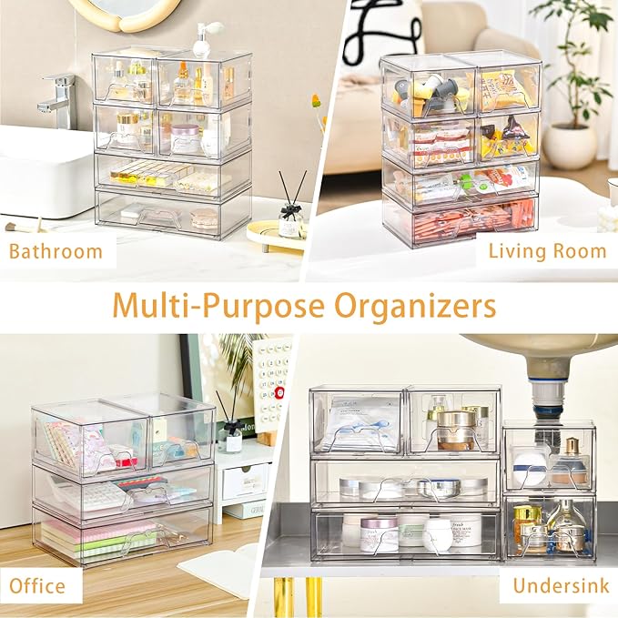 3 Pack Stackable Storage Drawers Clear Acrylic Organizer Makeup Bathroom Organizer and Storage for Beauty Supplies,Ideal for Vanity, Cabinet,Bathroom,Pantry Organization