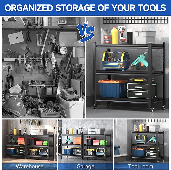 3 Tier Adjustable Garage Storage Shelving,Heavy Duty Utility Rack Shelf Unit on 4 Wheel Casters,Standing shelves for Garage, Home, Pantry,Kitchen,Warehouse,Bathroom & Laundry,Storage Rack - Black