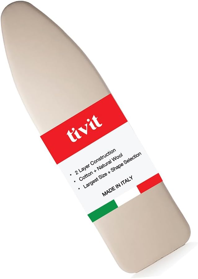 TIVIT Ironing Board Cover 14 x 49 Small Chemical Free Eco-Friendly Padded Covers - Unbleached, Untreated Natural Cotton & Wool Pad - 2 Layer, 3 Fastener Straps, Pull Bungee Cord - Made in Italy