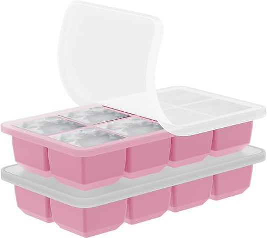 2 Pack Silicone 2 Inch Large Ice Cube Molds for Cocktails Wine Fruit and Bourbon Whiskey Easy Release Ice Cube Tray with Lid Ideal for Cold Drinks and Entertaining Gatherings (Strawberry Pink)