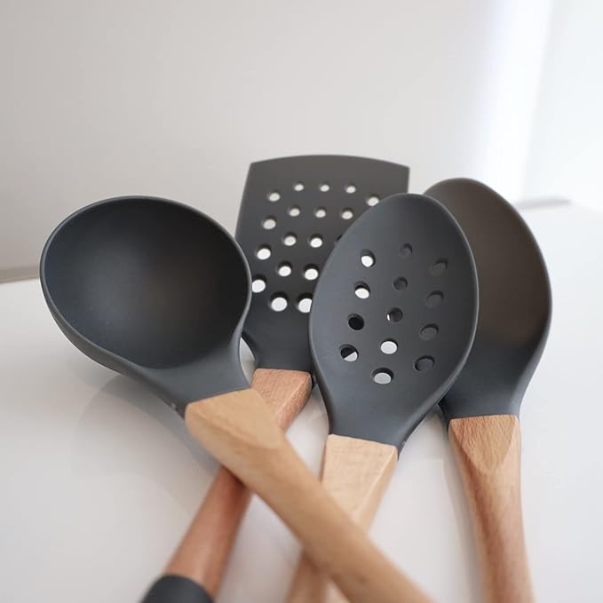 Beille 5pc Dark Grey Nylon Wooden Kitchen Utensils with Cooking Spoons, Soup Ladle, Skimmer Spoon and Spatula, 13 Inch