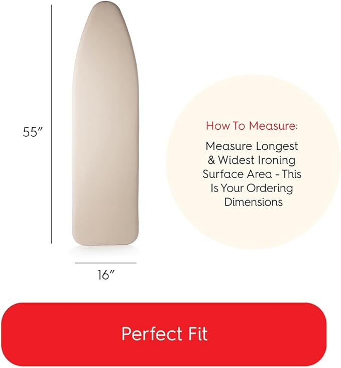 TIVIT Ironing Board Cover 16 x 55 Standard Chemical Free Eco-Friendly Padded Covers - Unbleached, Untreated Natural Cotton & Wool Pad - 2 Layer, 3 Fastener Straps, Pull Bungee Cord - Made in Italy