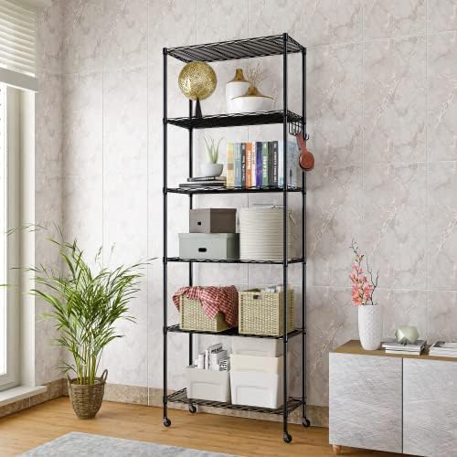 Himimi 6-Tier Storage Shelf Units, Adjustable Wire Shelving with Wheels, Metal Shelves with Stainless Side Hooks, Free Standing Shelving for Laundry Bathroom Kitchen Pantry Closet, Black