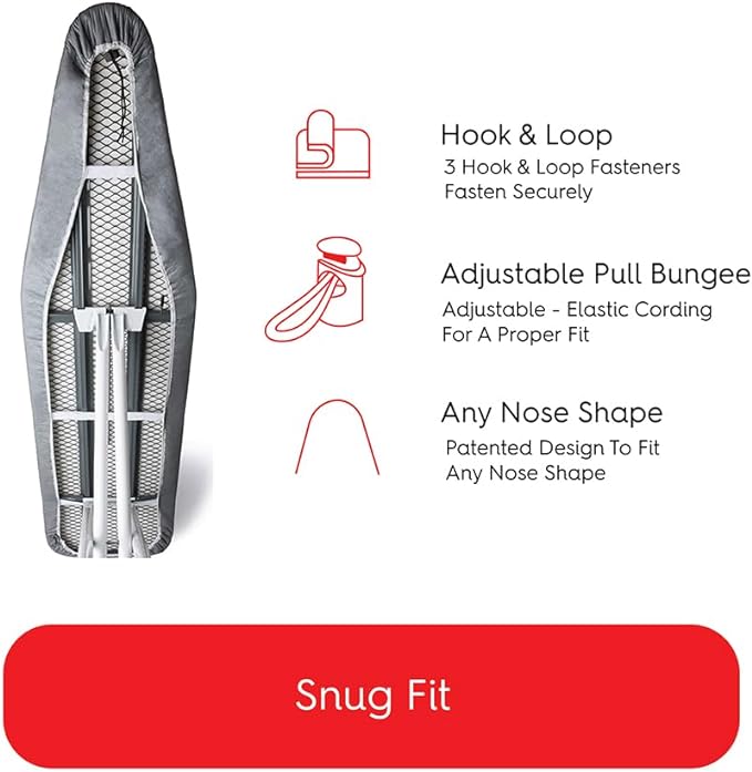TIVIT Ironing Board Cover 20 x 60, Made in Italy. Pro Grip Pad Covers w/3 Fastener Straps & Pull Bungee Cord - Durable Scorch & Stain Resistant Padded Layers, Heat Reflective AlumiTek PRO Top Coat