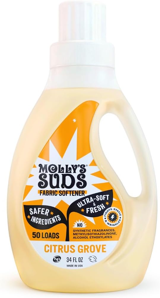 Molly’s Suds Fabric Softener Liquid for Sensitive Skin | Vinegar-Powered, Infused with Essential Oils | Fights Static, Reduces Wrinkles, Deodorizes | Citrus Grove, 50 Loads