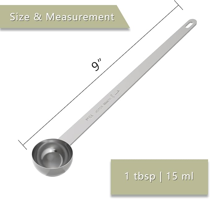 2PCS 1 Tablespoon Coffee Scoop, 9" Long Handle Measuring Spoon, One tbsp (15 ml) Stainless Steel Scooper