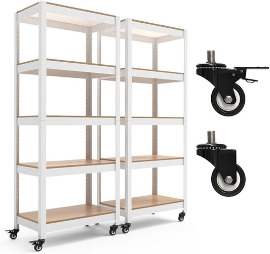 HOMEDANT House White 5-Tier Metal Rolling Cart Shelf Rack Casters Heavy Duty Wheel Shelving Unit Adjustable Utility Storage Shelves Organizer Shelf Kitchen Garage 24.4" W x 16.5" D x 62.2" H 2Pack