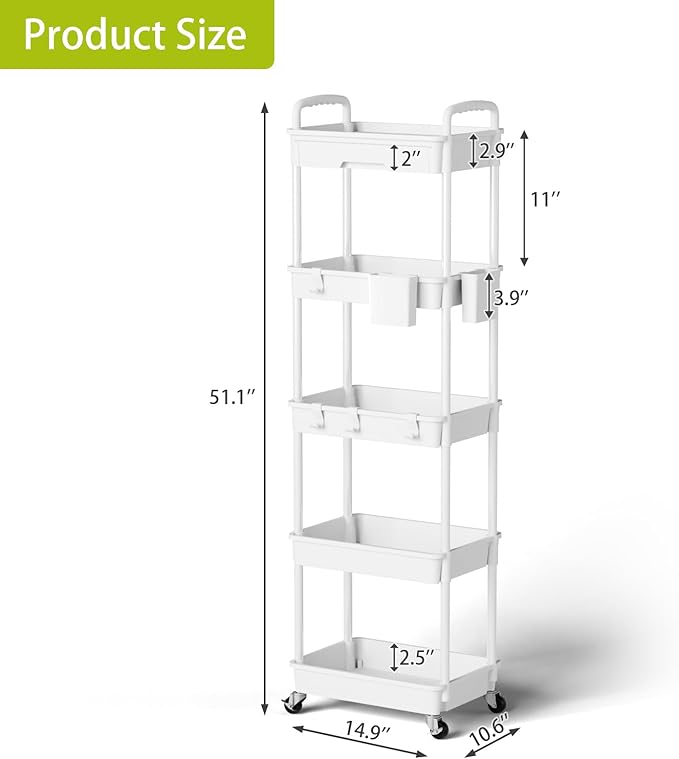 5 Tier Rolling Cart Organizer,Bathroom Cart Organizers with Wheels Laundry Room Organization Mobile Shelving Unit Utility Cart Storage Shelves Multi-Functional for Office, Home(White)