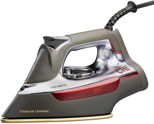 CHI Steam Iron for Clothes with 300+ Holes for Powerful Steaming, Temperature Guide Dial, 1700 Watts, XL 10’ Cord, 3-Way Auto Shutoff, Titanium Infused Ceramic Soleplate, Silver (13101)