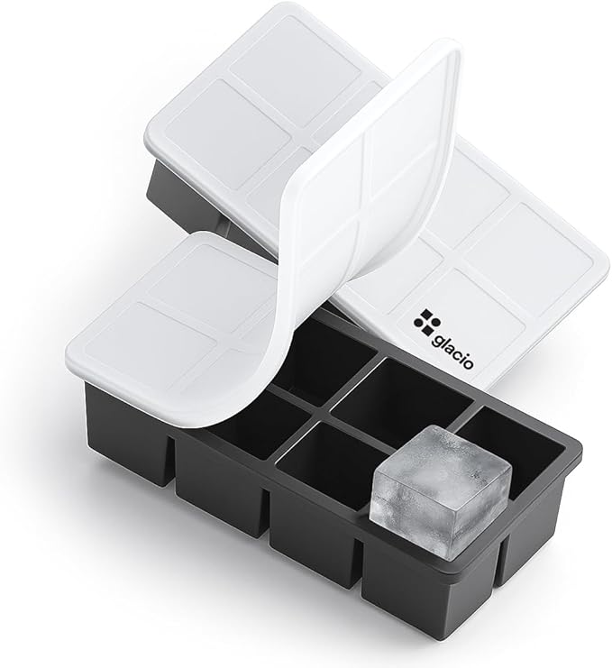 glacio Ice Cube Molds – 2-Pack Silicone Trays for 8 Large Square Cubes – Slow-Melt Ice for Whiskey, Cocktails, Coffee & More