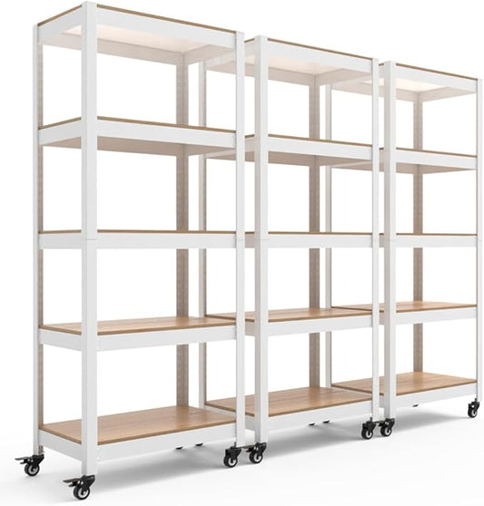 HOMEDANT House White 5-Tier Metal Rolling Cart Shelf Rack Casters Heavy Duty Wheel Shelving Unit Adjustable Utility Storage Shelves Organizer Shelf Kitchen Garage 24.4" W x 16.5" D x 62.2" H 3Pack