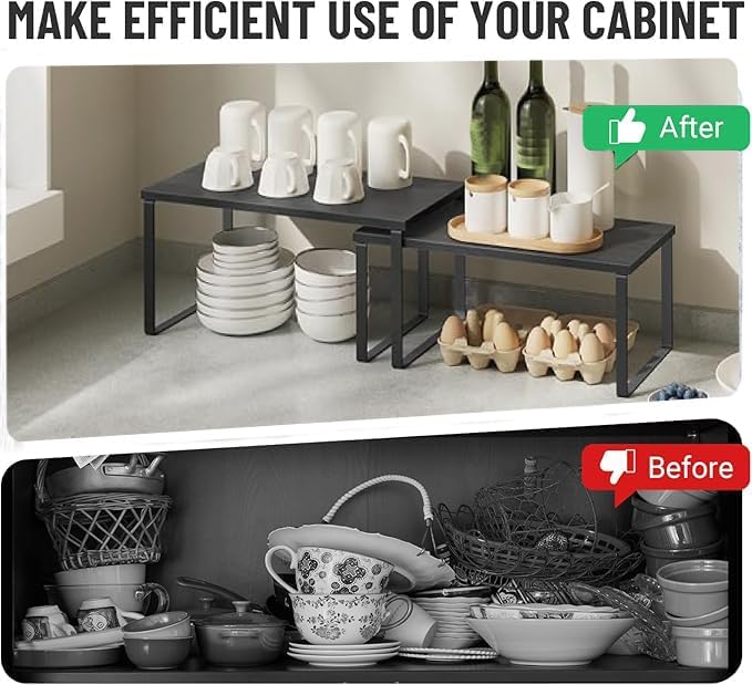 Cabinet Organizer Shelf, Kitchen Counter Storage, 2-Piece Set, Stackable Spice Rack, Metal and Wood (Black and Charcoal Black)