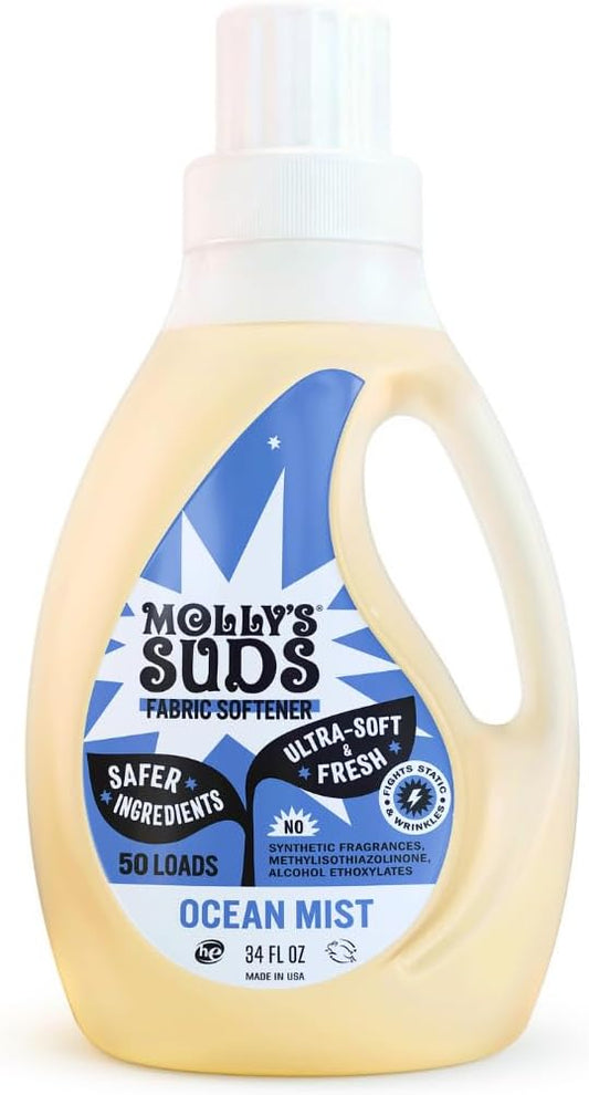 Molly’s Suds Fabric Softener Liquid for Sensitive Skin | Vinegar-Powered, Infused with Essential Oils | Fights Static, Reduces Wrinkles, Deodorizes | Ocean Mist, 50 Loads