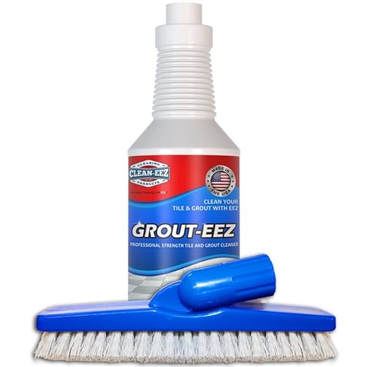 Clean-eez Grout-eez Tile Cleaner with Stand-Up Brush Head – 32 oz Heavy-Duty Stain Remover for Ceramic and Porcelain Floors – Safe for Colored Grout – Not for Natural Stone – Pole Not Included