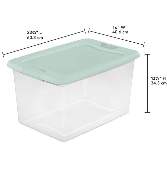 Sterilite 6 Pack Latching Box, Clear Plastic Stackable Storage Bin with Lid, 64 Quart, Mindful Mint