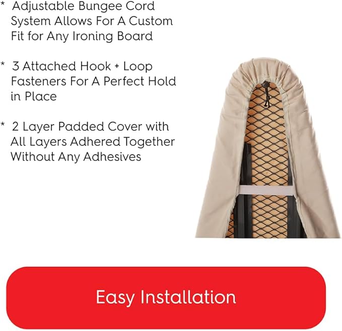 TIVIT Ironing Board Cover 13 x 44 Small Chemical Free Eco-Friendly Padded Covers - Unbleached, Untreated Natural Cotton & Wool Pad - 2 Layer, 3 Fastener Straps, Pull Bungee Cord - Made in Italy